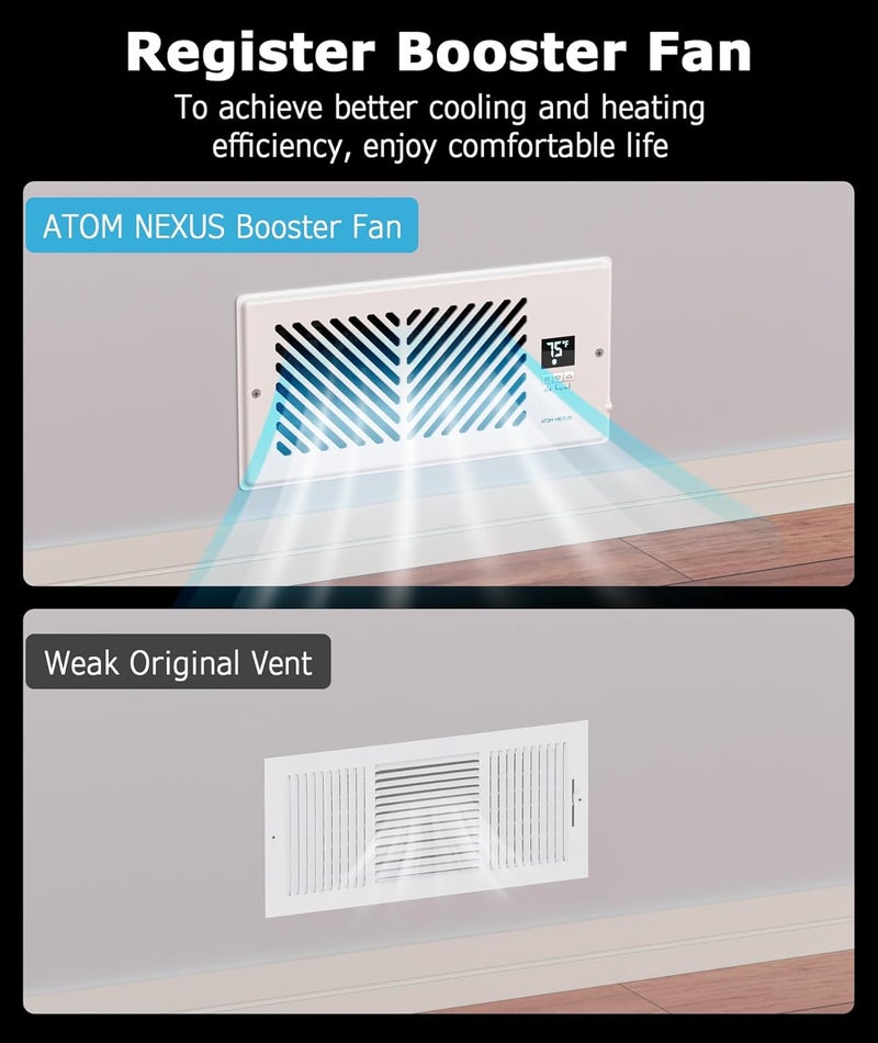 ATOM NEXUS Quiet Register Booster Fan Fits 4”x10” Register Holes, Smart Vent Booster Fan with Thermostat & Remote Control, 10-Speed Control Heating Cooling AC Vent (White) - Image 3